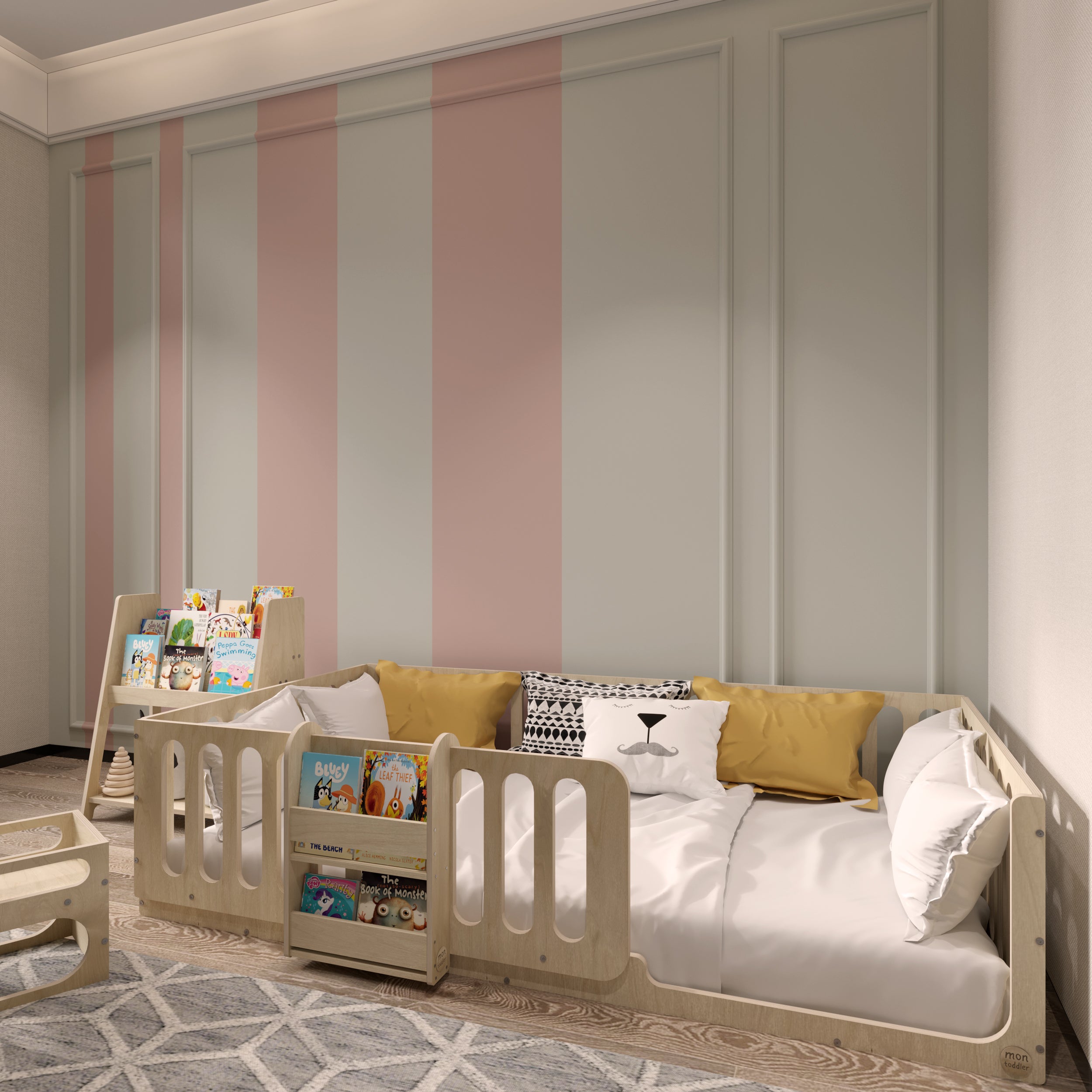 Montessori Floor Bed with Bookshelf - Montoddler