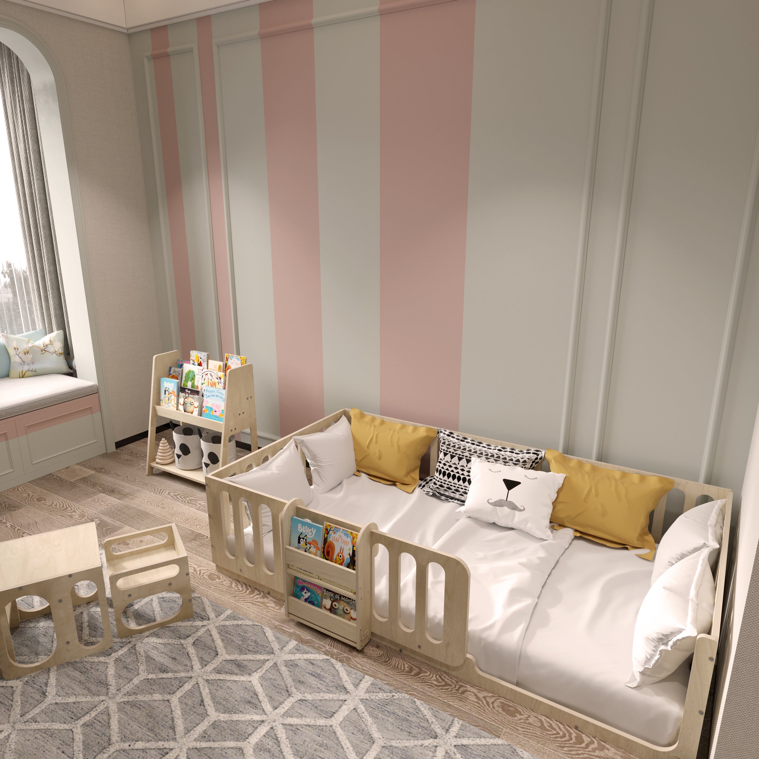 Montessori Floor Bed with Bookshelf - Montoddler