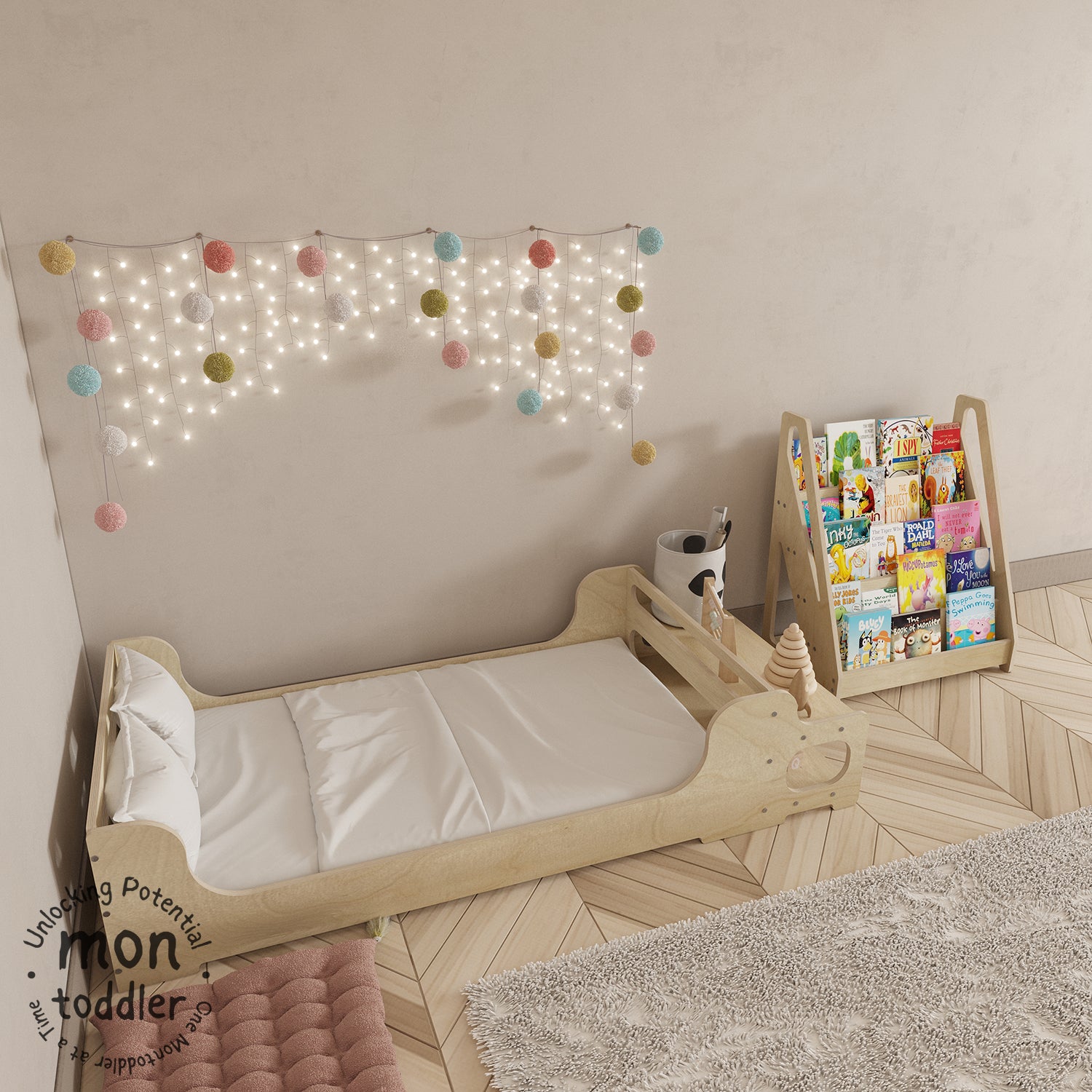 montessori crib with bookshelf