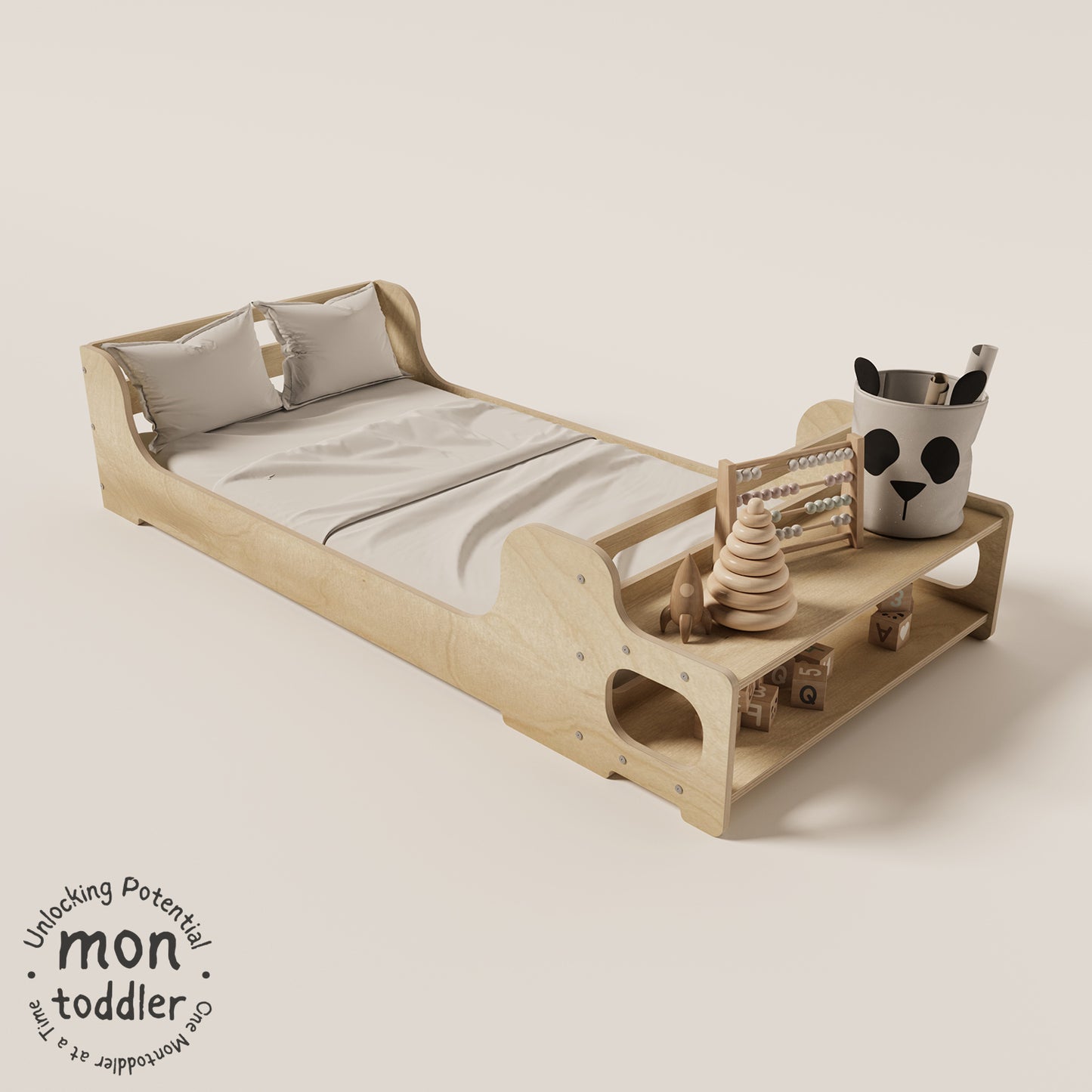 Birch Montessori Floor Bed With Shelves